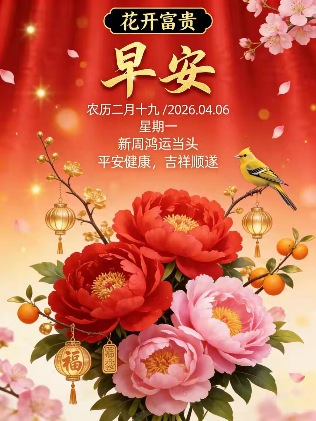 花开富贵，早安吉祥！🌸🍊🐦“花开富贵，早安吉祥！”这简单的话语，满是美好