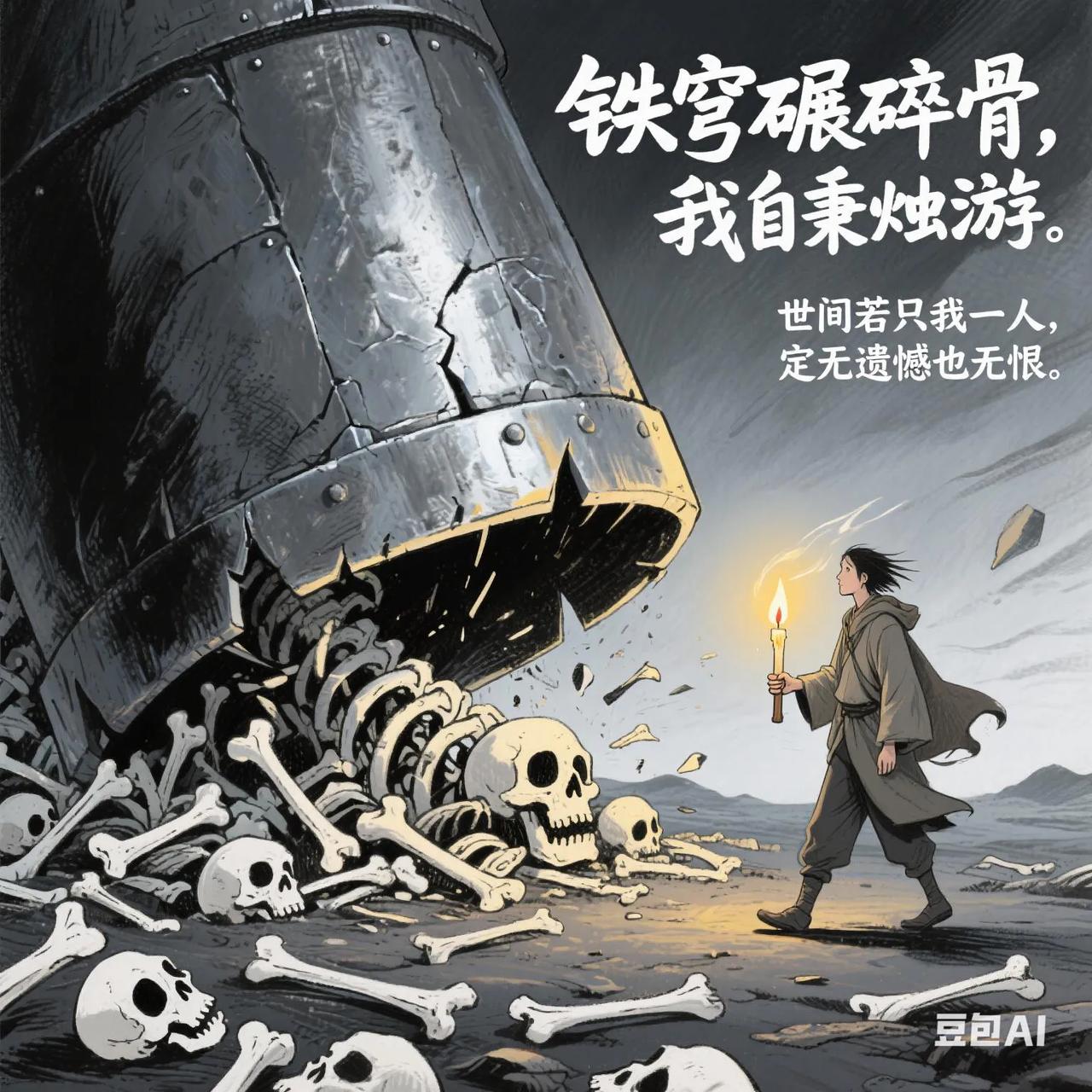 铁穹碾碎骨，我自秉烛游。世间若只我一人，定无遗憾也无恨。