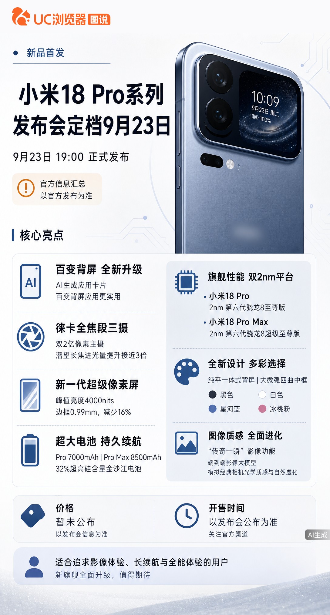 小米18Pro定档9月23日，背屏不再只是装饰，AI生成应用卡片让它变实用小工具。2nm芯片+双2亿