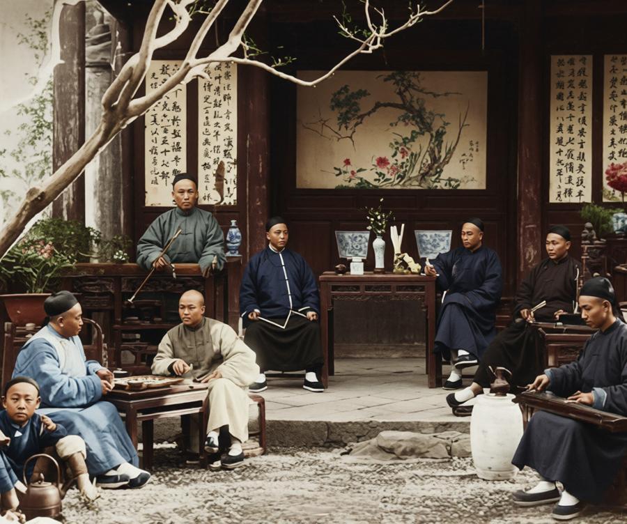 这张晚清文人雅集、弦歌对弈的影像。古木枝干横斜，雅阁内挂满书法对联与花鸟中堂画。