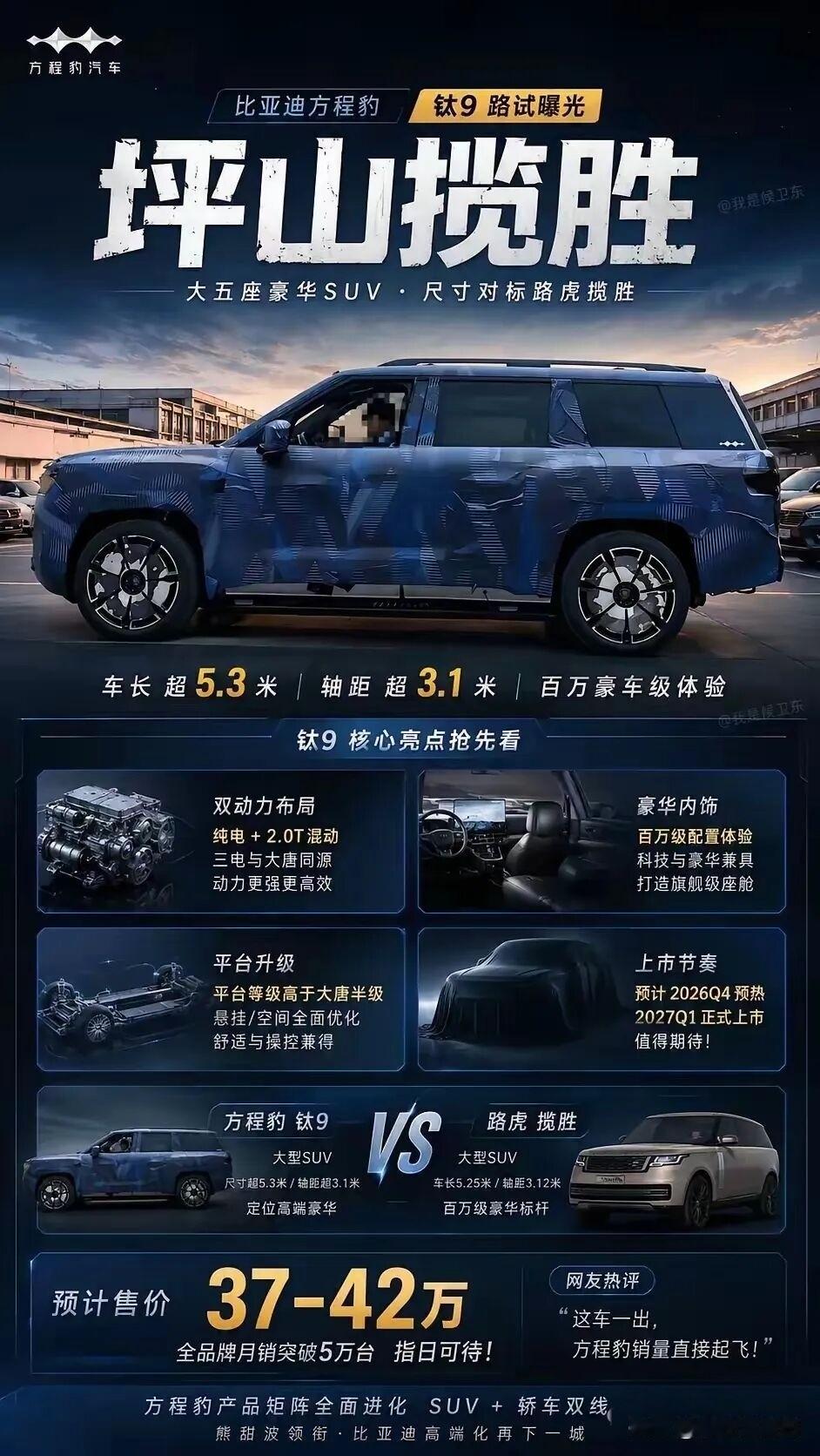 深圳坪山路试，惊现方程豹钛9，配置拉满。车长5.3，轴距3.1，百万豪华内饰。定