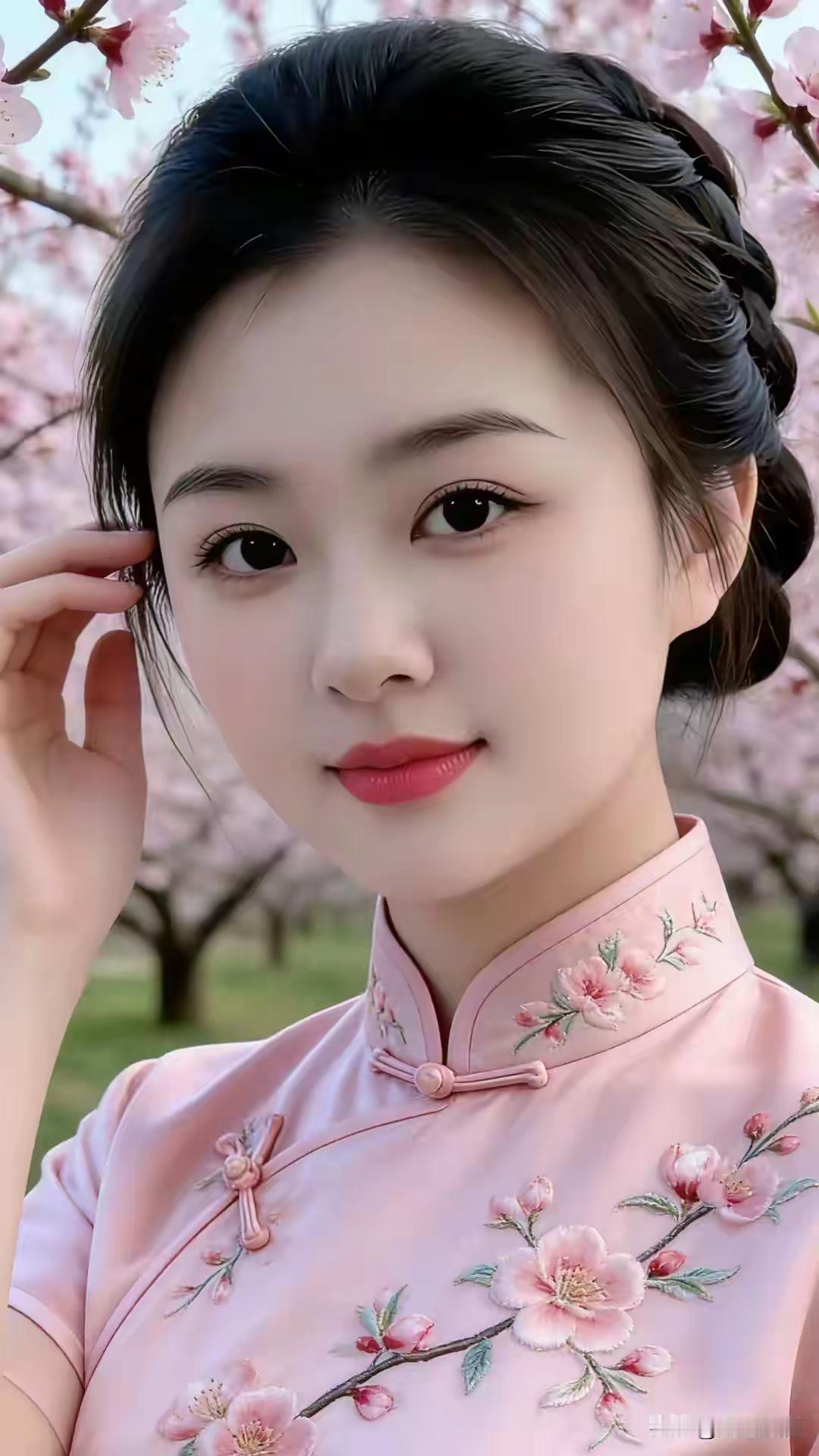 春日樱花下，一袭粉色旗袍，温柔似水。