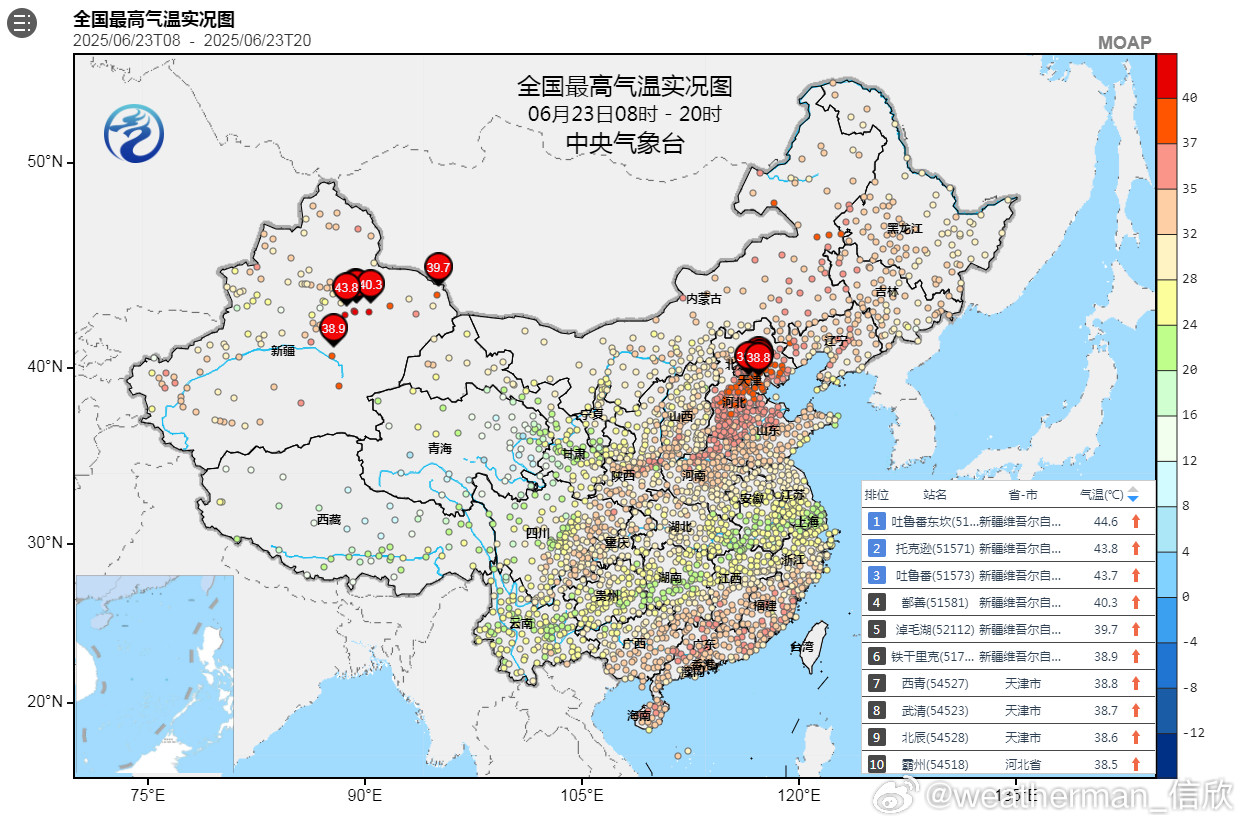 【高温】今天新疆、天津、河北站点包揽高温榜前十，吐鲁番东坎44.6℃排名第一。今