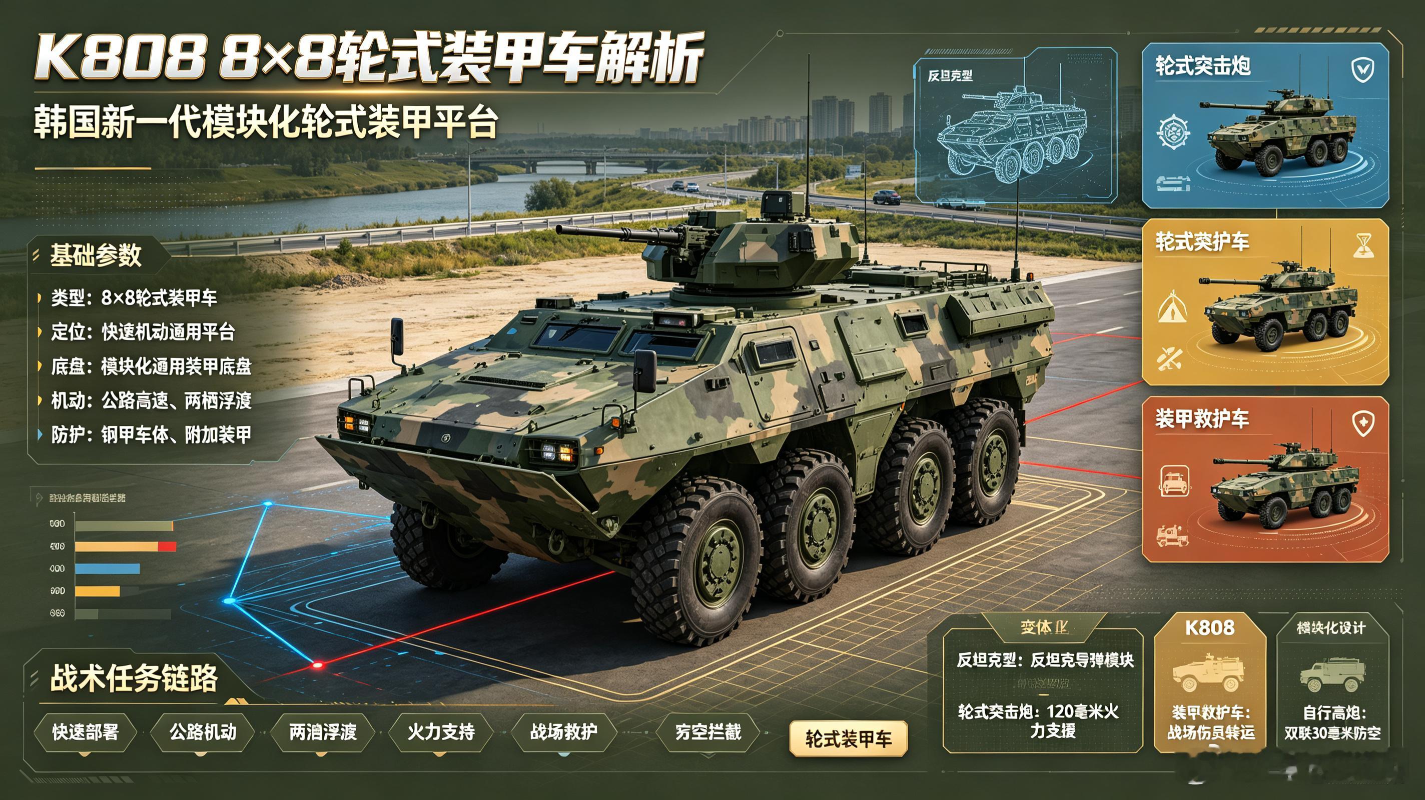 K808，韩国新一代8×8轮式装甲车。模块化底盘可改装反坦克、突击炮、防空和装甲