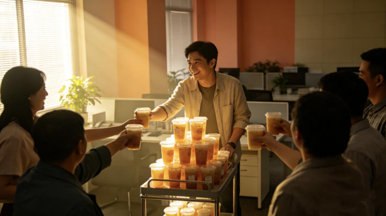 同事老吴离职那天，请大家喝奶茶。三十多杯，自己花钱买的。有人问他不容易吧，老