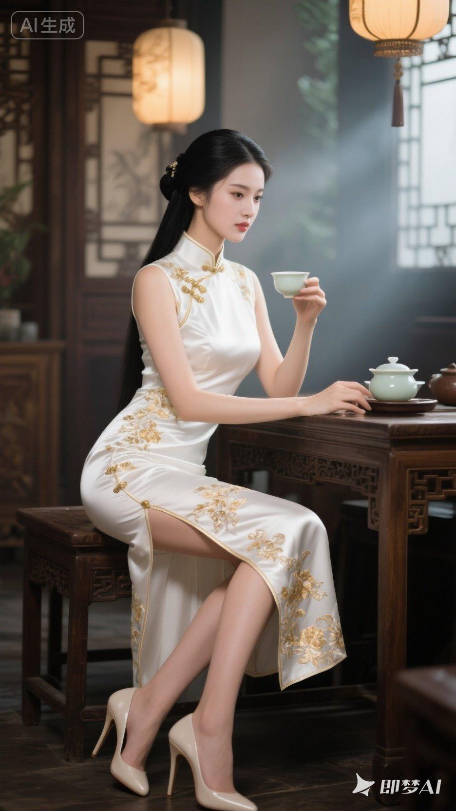 优雅旗袍，东方韵味，茶香满溢，韵味悠长。