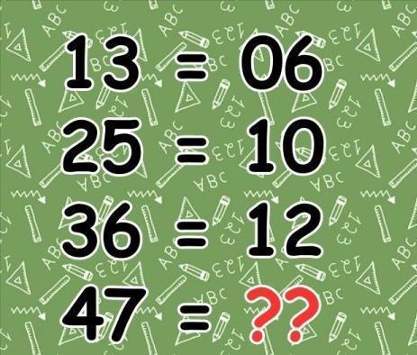 你能猜出哪个数字会替换问号吗？这里给出了几组等式：13=06，25=1