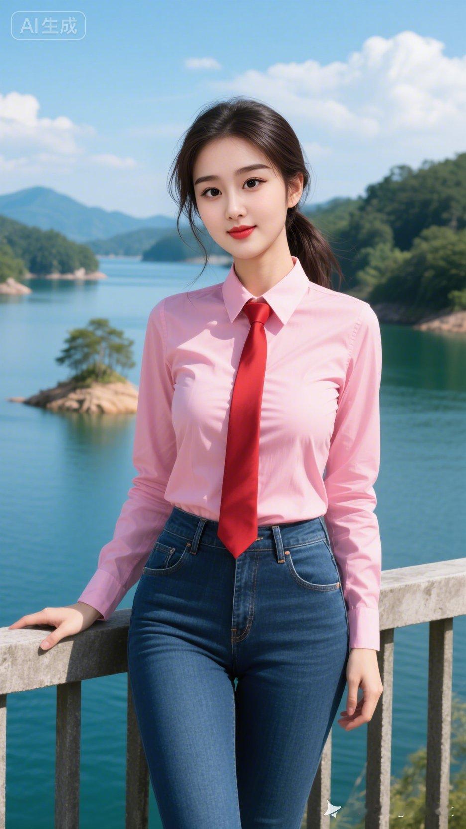 粉色衬衫+牛仔裤，简约时尚，清新自然，完美搭配！