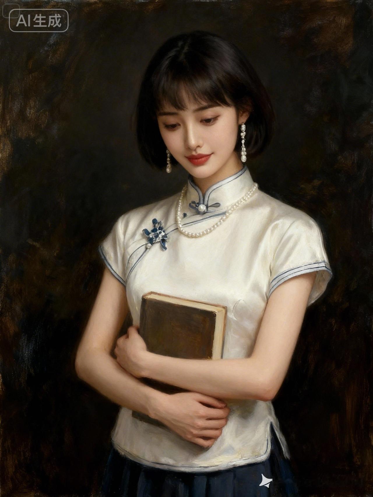 一位穿着旗袍的姑娘，手捧书卷。