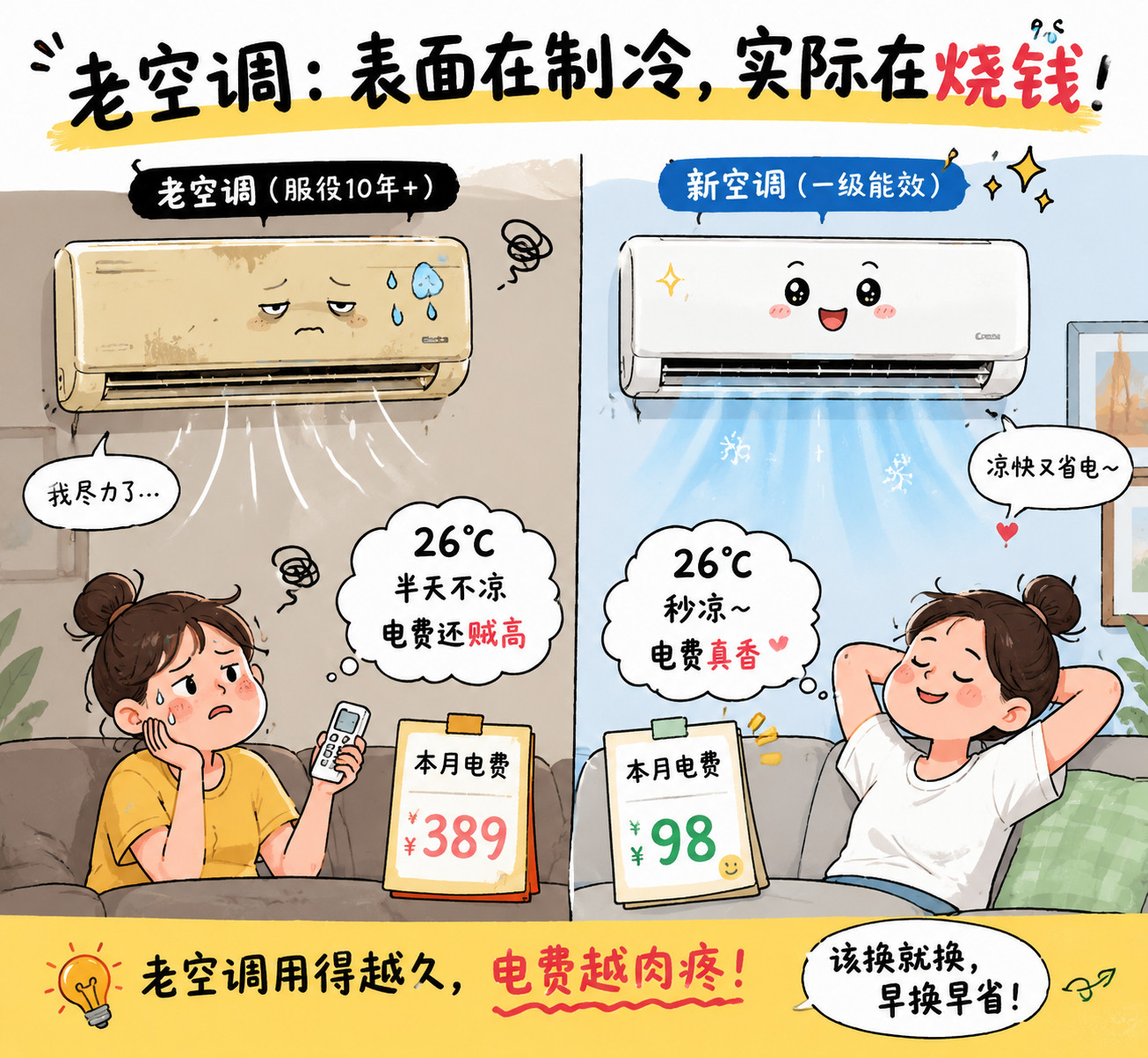 老旧空调为什么会越用越费电老旧空调越用越费电？大概率不是坏了，是它在用更高的代