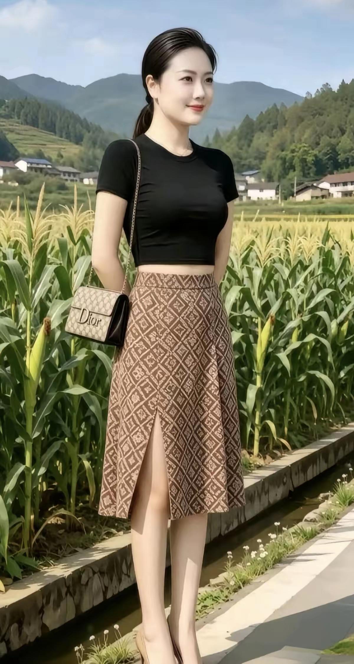 《村姑展娇颜》山村姑娘自然美，含羞带笑视原野。身着时装如玫瑰，清纯丽质展