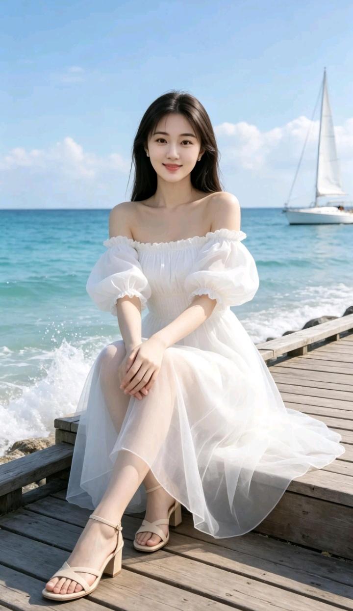 海边木栈道上，她穿白裙微笑。分享一张小野花的照片。海边长裙照沙滩白裙少女海