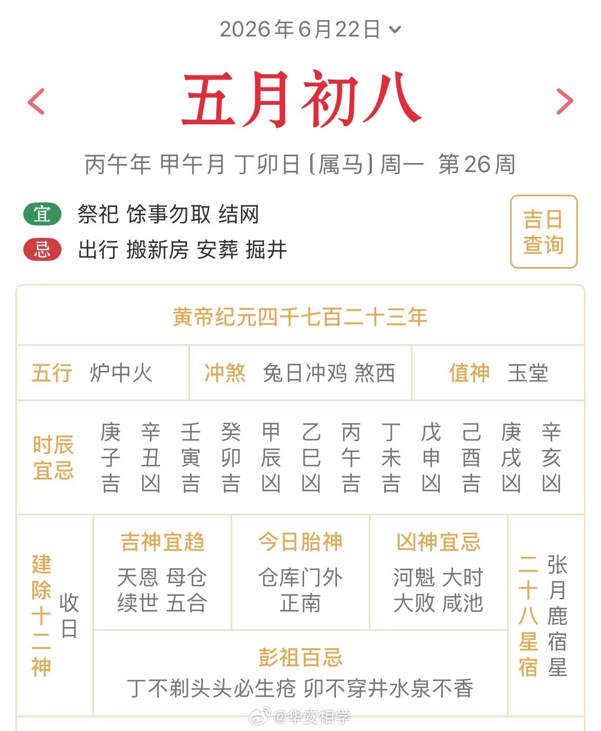 十二生肖每日简运仅供参考2026.6.22丙午年甲午月丁卯日丁卯天克地冲辛酉：