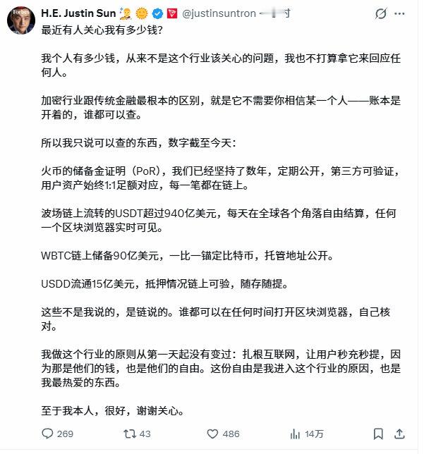 孙宇晨发X回应他有多少钱。又给他装了一把[笑着哭]波场链上流转的USDT超过940亿美元，每天在全球