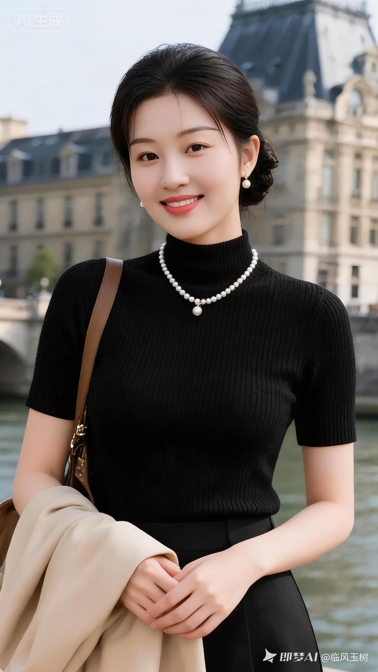 优雅巴黎风，珍珠项链配黑衣，尽显时尚魅力！