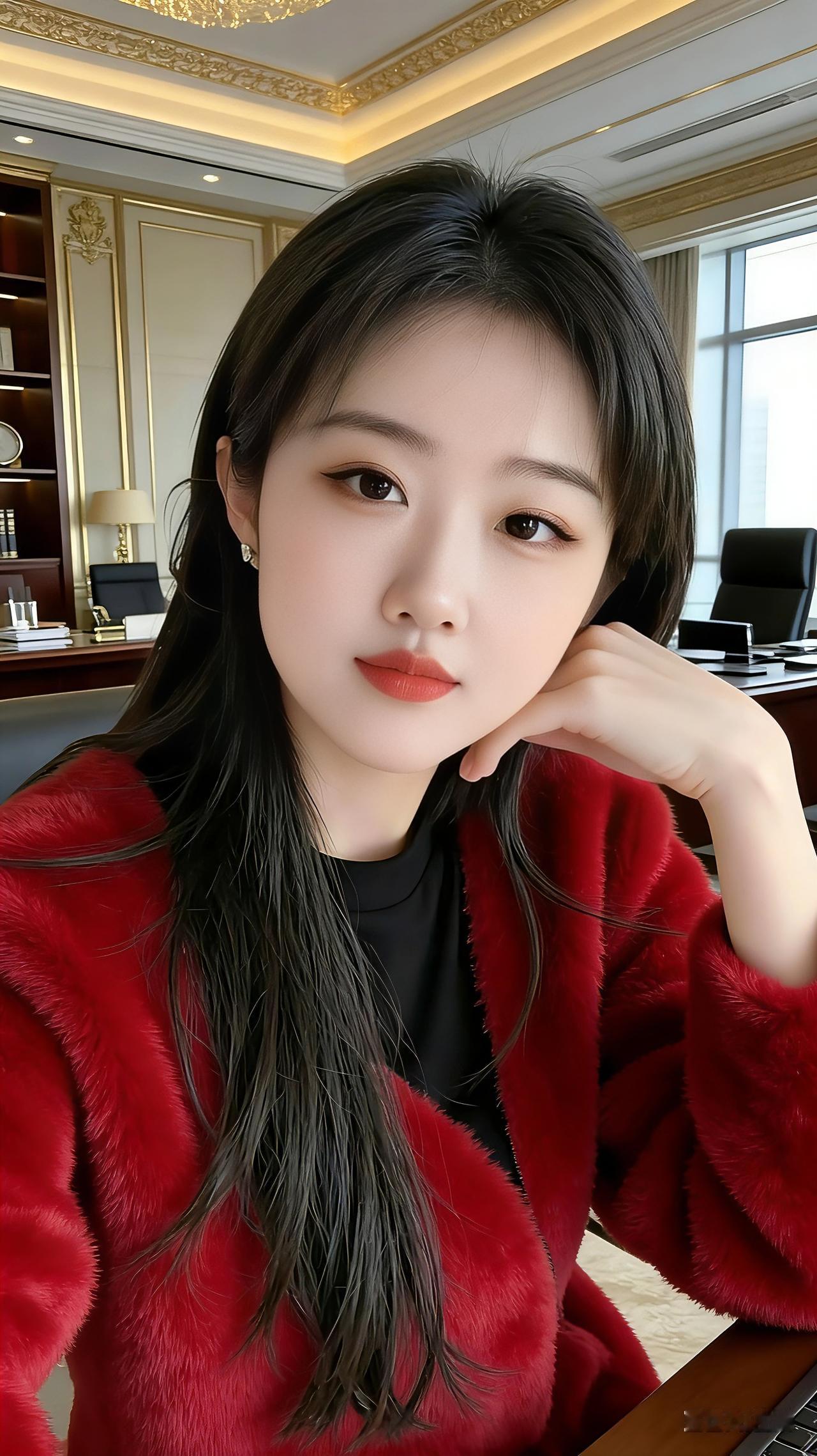 戏作小诗华美厅堂韵致悠，红裙一袭尽风流。柔丝轻垂清眸秀，素手托腮静倚楼。