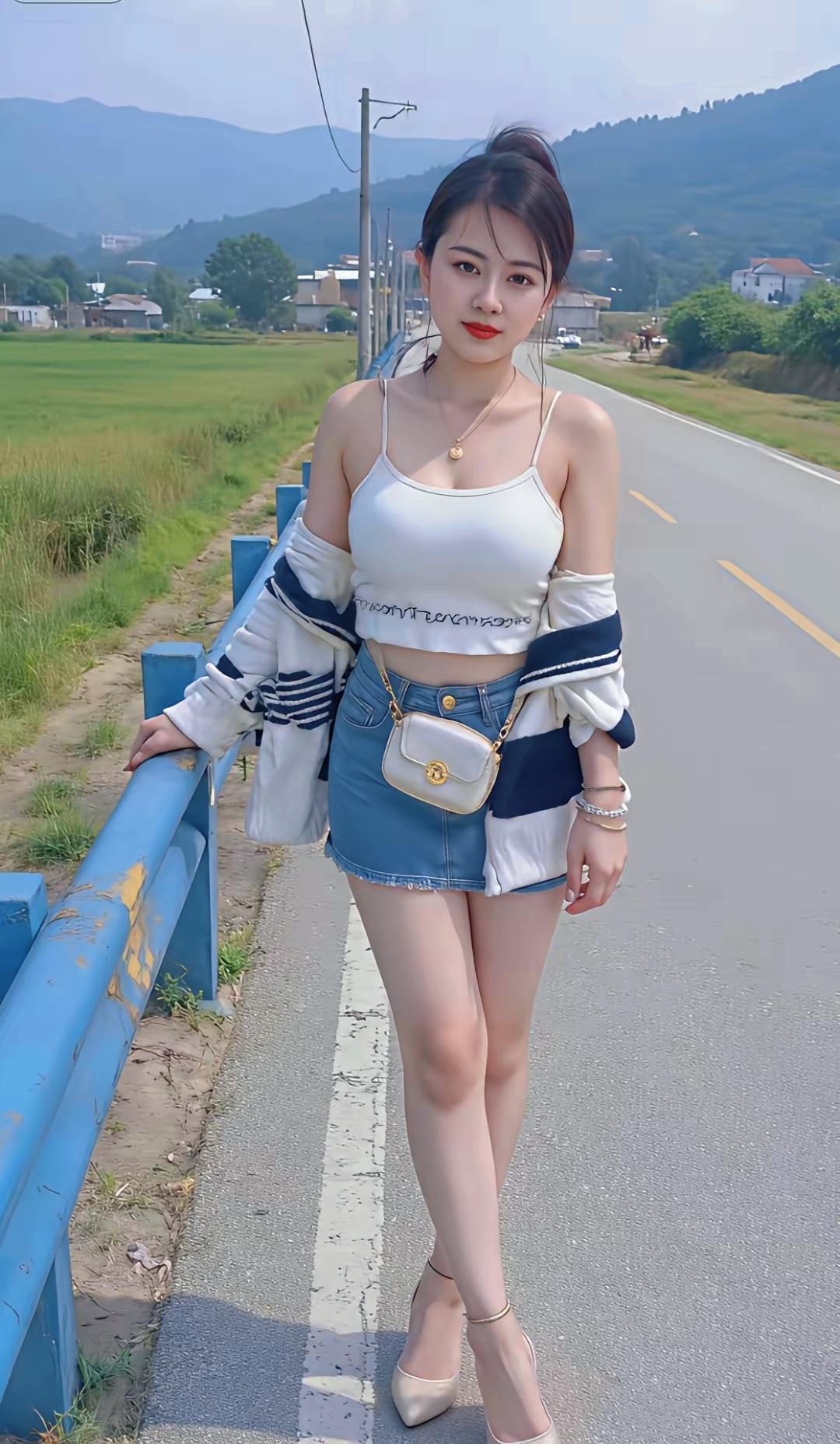 夏天就是要穿得清凉又好看！白色吊带配浅蓝色牛仔短裙，简直是夏日绝配。白色吊带简