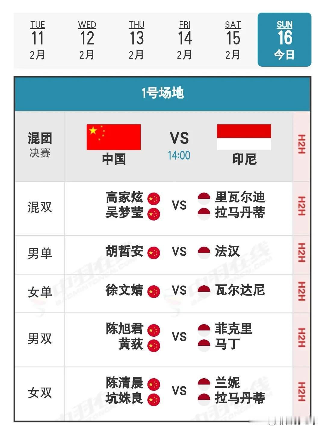 2月16日羽毛球亚混团决赛中国-印尼对阵名单今日下午14：00，亚洲羽毛