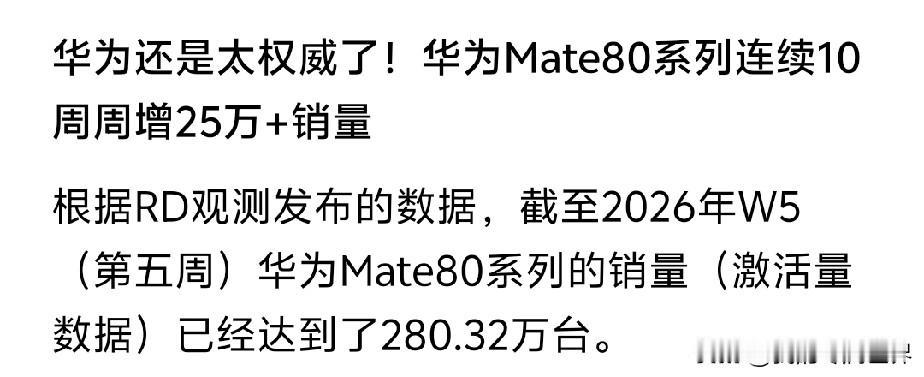 国产高端旗舰一哥还得看华为，华为mate80系列最新销售数据为280.32万台，