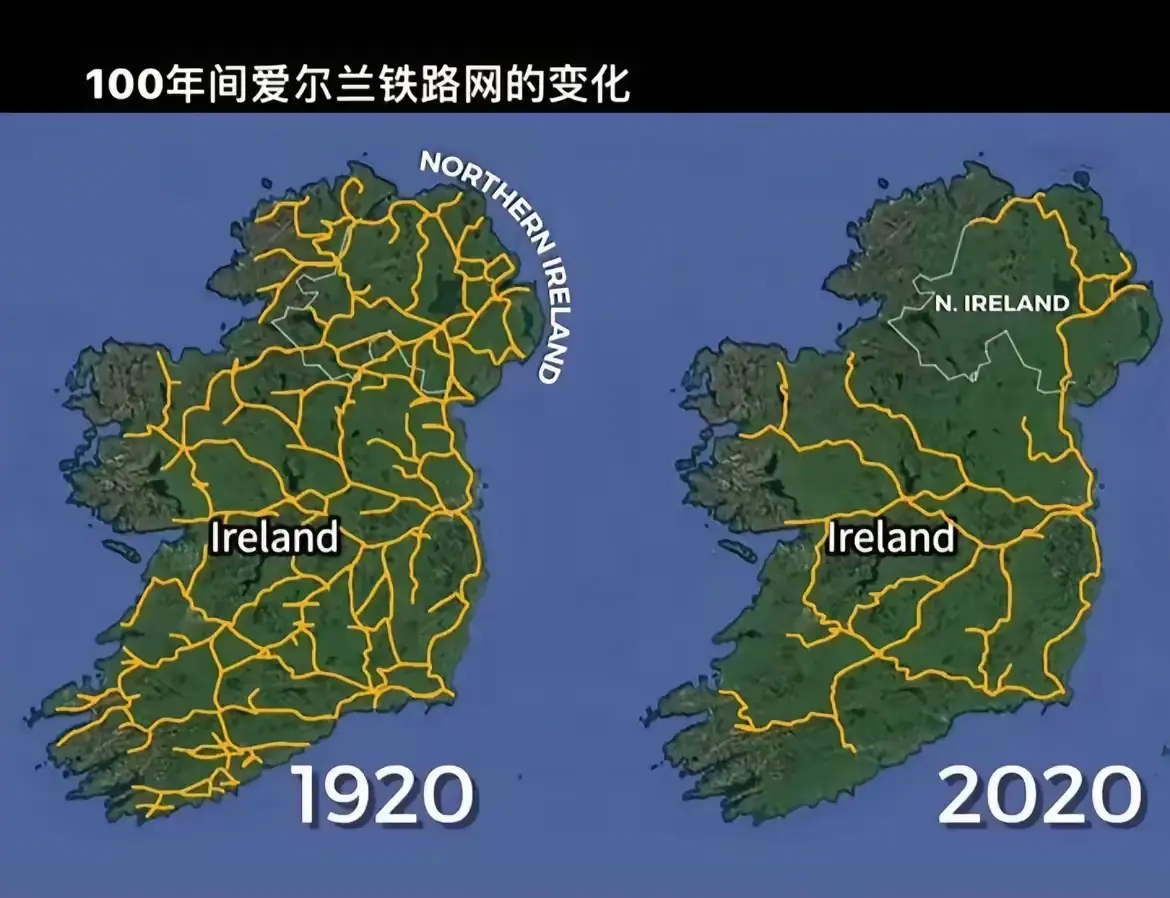 爱尔兰100年间铁路网的变化