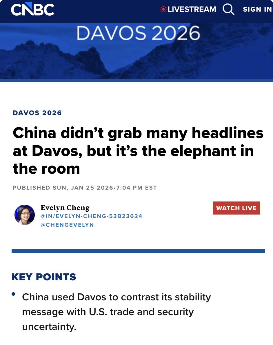 美媒：2026年达沃斯论坛上，中国虽未占据头条，但其影响力不容忽视。中国利用此次