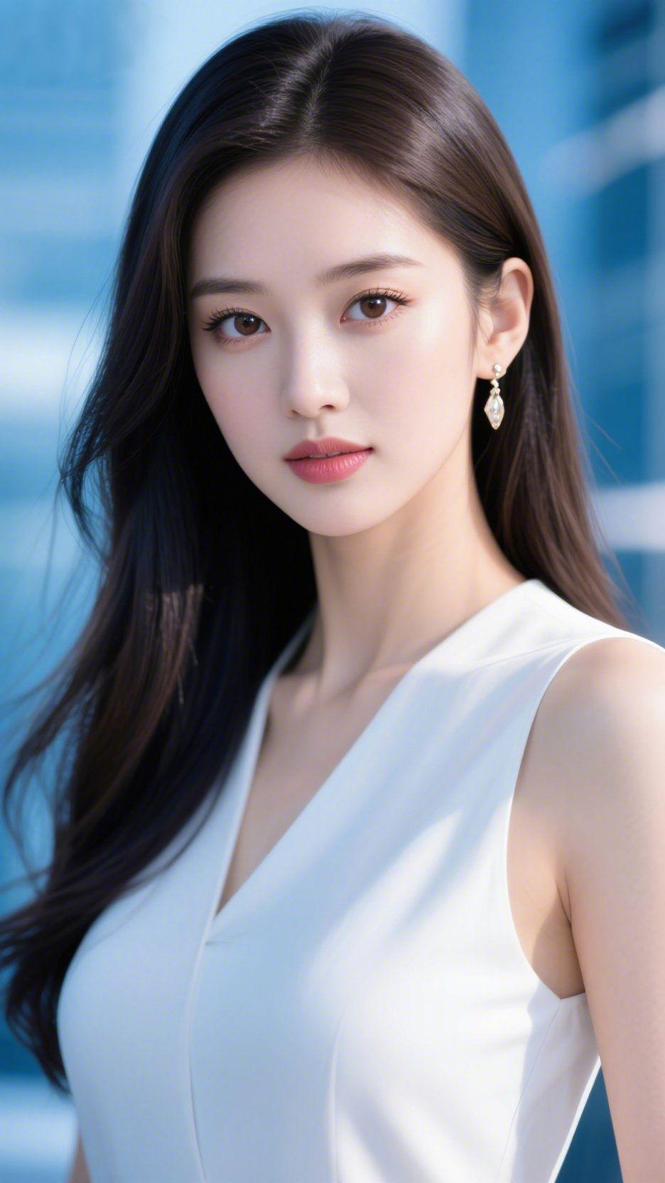 白衫裹的浅蓝光楼宇轮廓晕在蓝调里，她身上的白衫便成了光的容器。长发掠