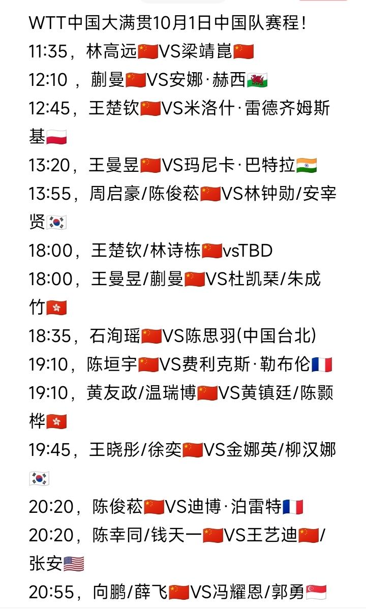 明天王楚钦🇨🇳会一天三赛吗？WTT中国大满贯10月1日中国队赛程如图所示。