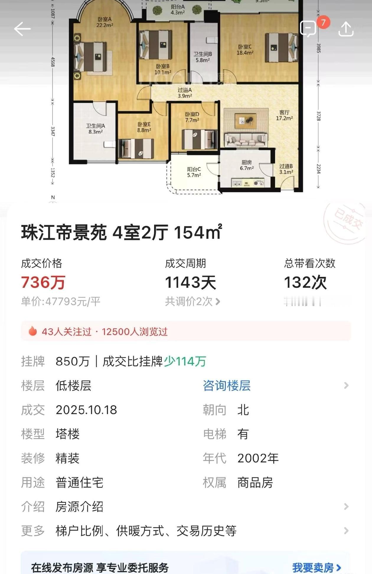 广州塔旁的豪宅只要700万了？看到10月成交的一套珠江帝景，154平，总价7