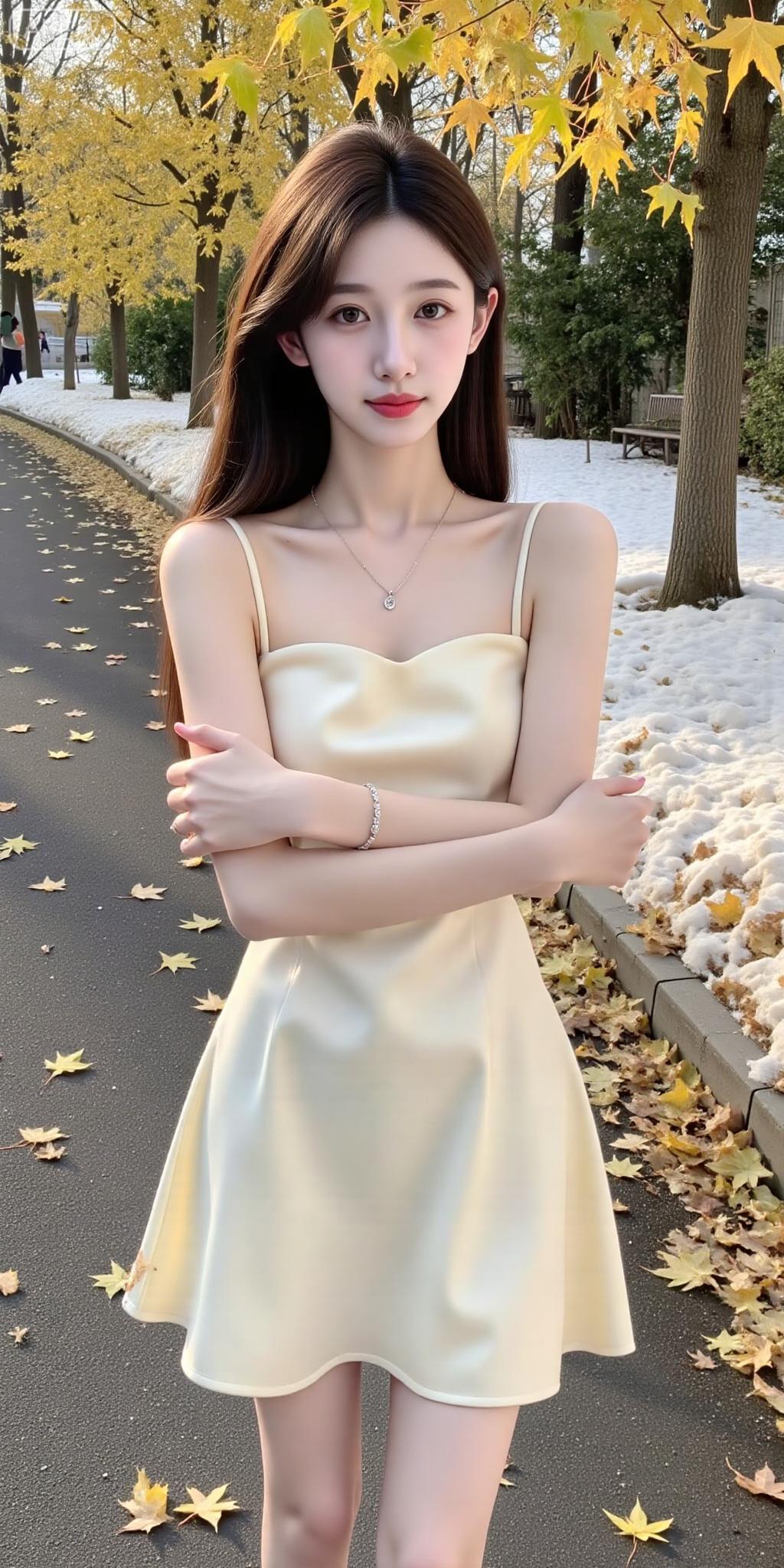 冬景甜妹，奶黄吊带裙，清冷纯欲氛围感绝了甜辣妹针织吊带花灰吊带甜辣花朵吊带