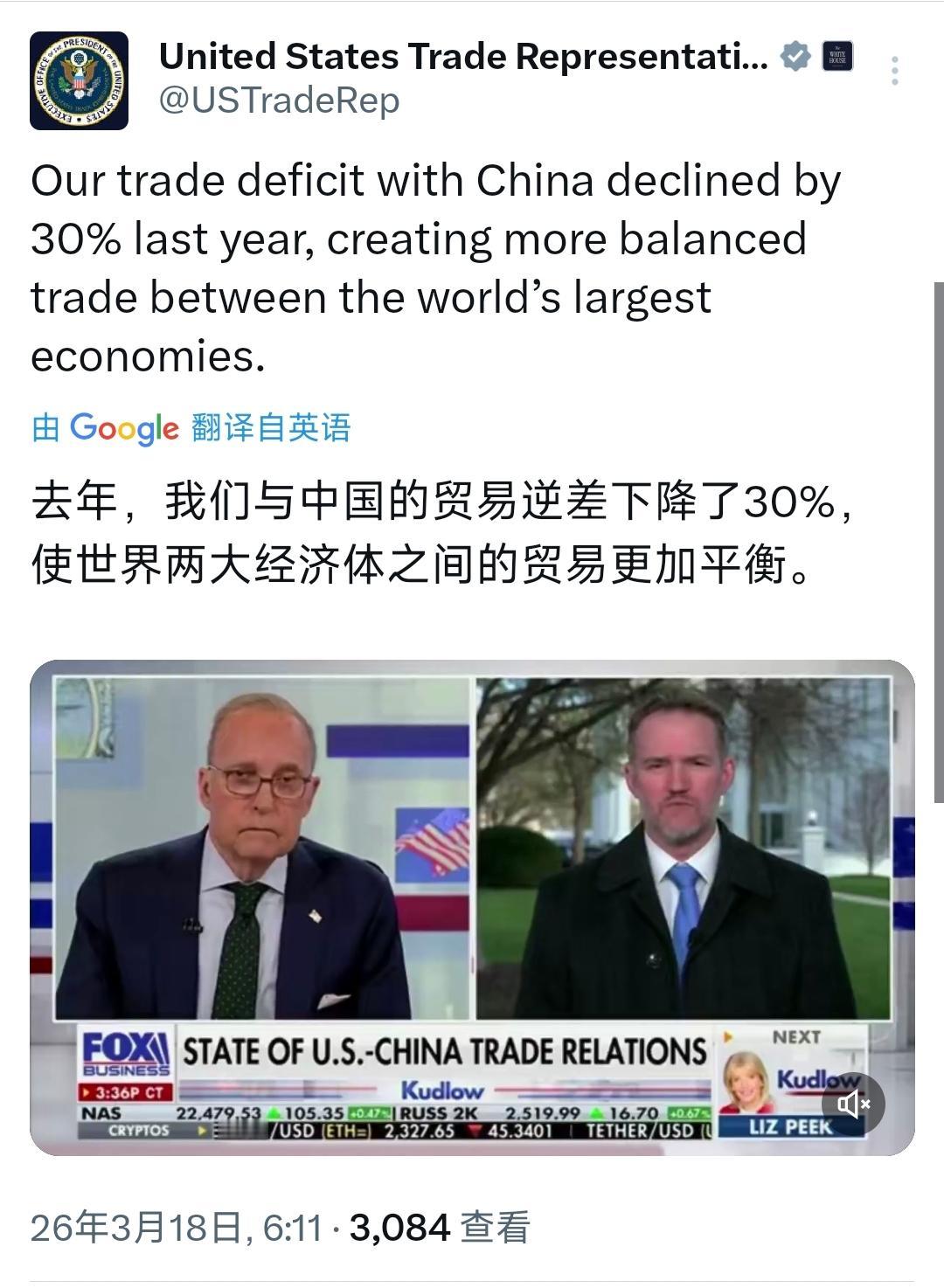 美国贸易代表格里尔北京时间3月18日写道：“去年，我们与中国的贸易利差下降了30