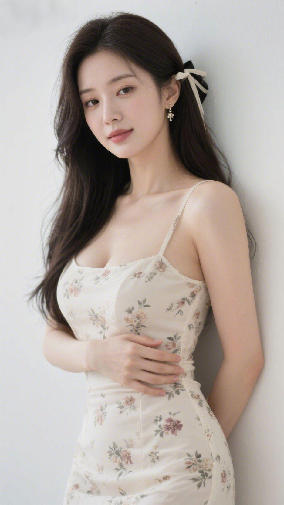 温柔入眉眼浅杏色碎花裙裹着一身清软，像春日里揉碎的晚风，落在纯白的墙前。发