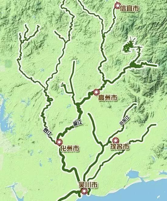 鉴江流域，包括信宜市、高州市、化州市、吴川市、茂南区、电白区，是广东省的第三大河