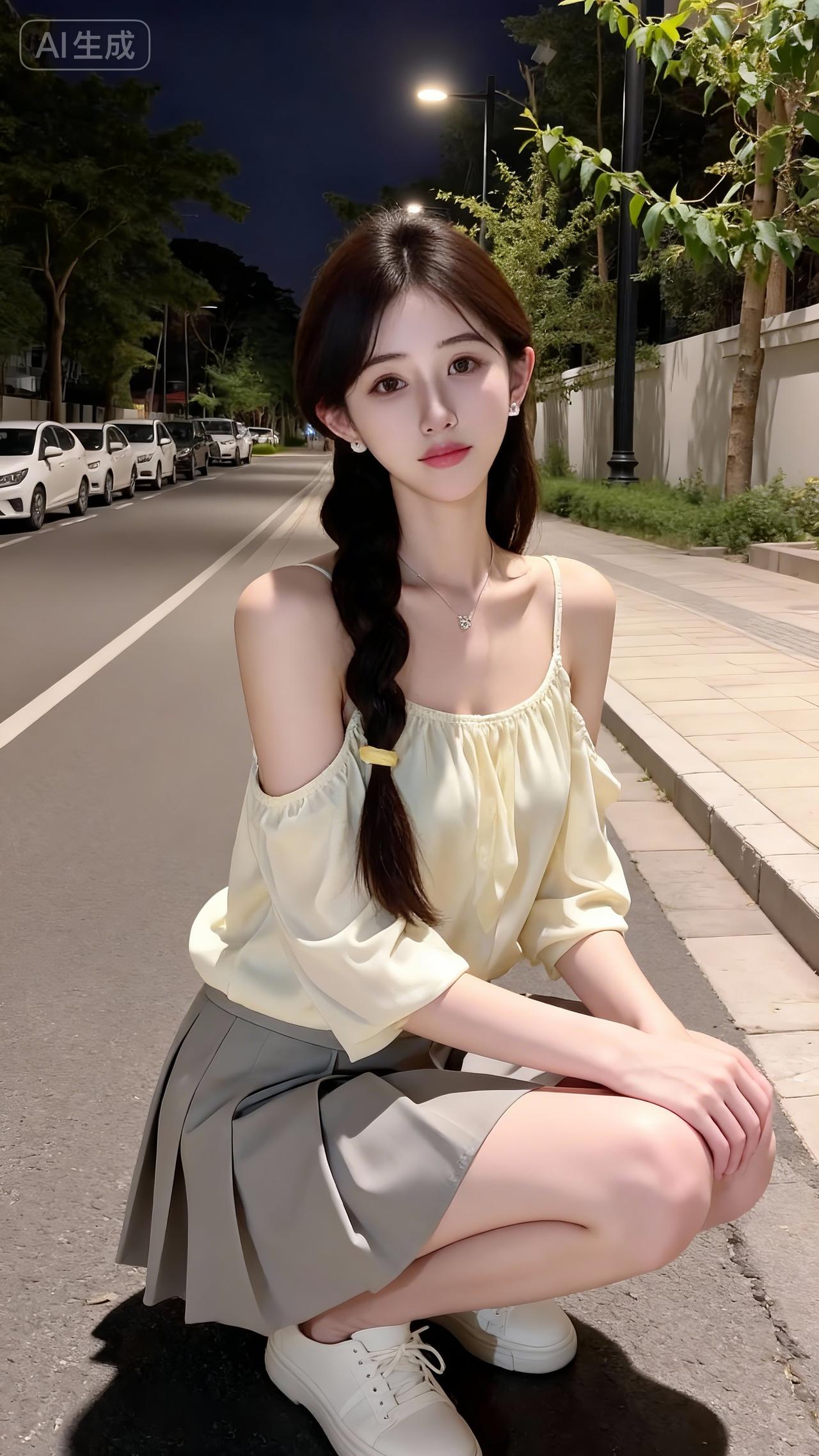 夜街甜妹，鹅黄露肩上衣配灰百褶裙，清新纯欲氛围感绝了棕色短裙穿搭灰色吊带包臀裙