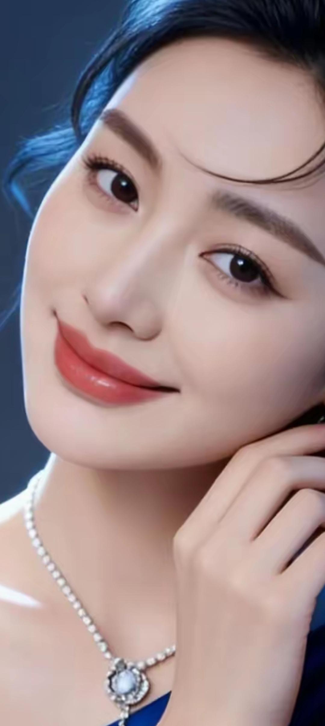 优雅蓝裙，珍珠项链，微笑动人，气质非凡