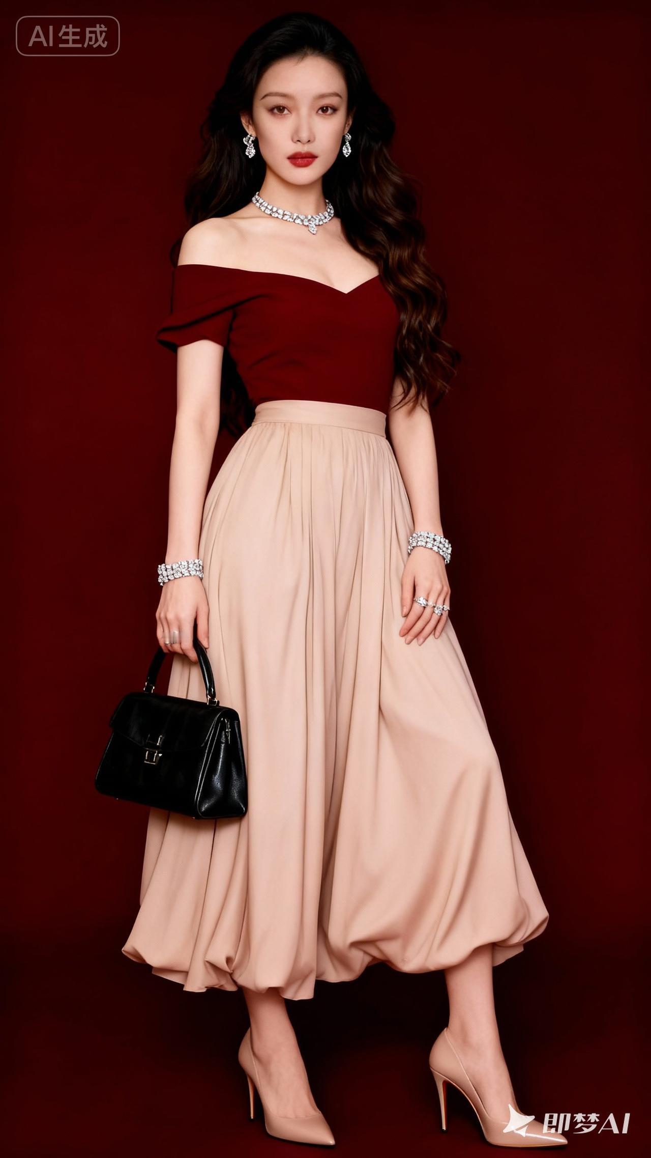 优雅红裙搭配米色长裙，尽显时尚魅力！