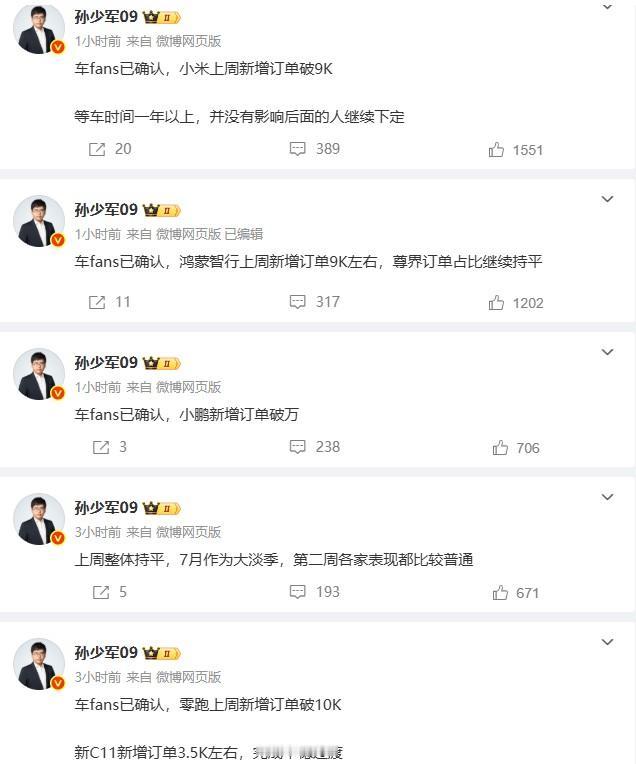 上周新势力新增订单来了！零跑：10000+，新C11新增订单3500左右小鹏