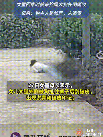 江苏南通一个女孩回家时,被邻居家没有拴绳的黑狗突然跑出来攻击,黑狗直接将女孩扑倒