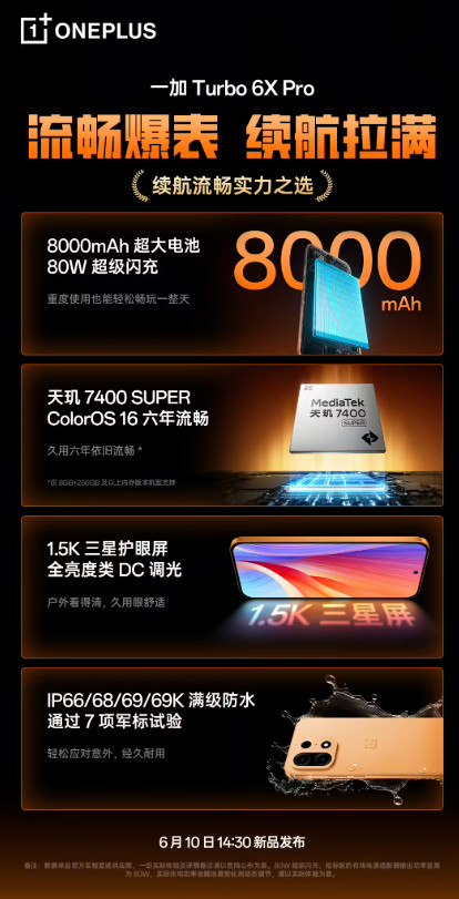 一加Turbo6XPro手机主要规格公布：8000mAh电池、天玑7