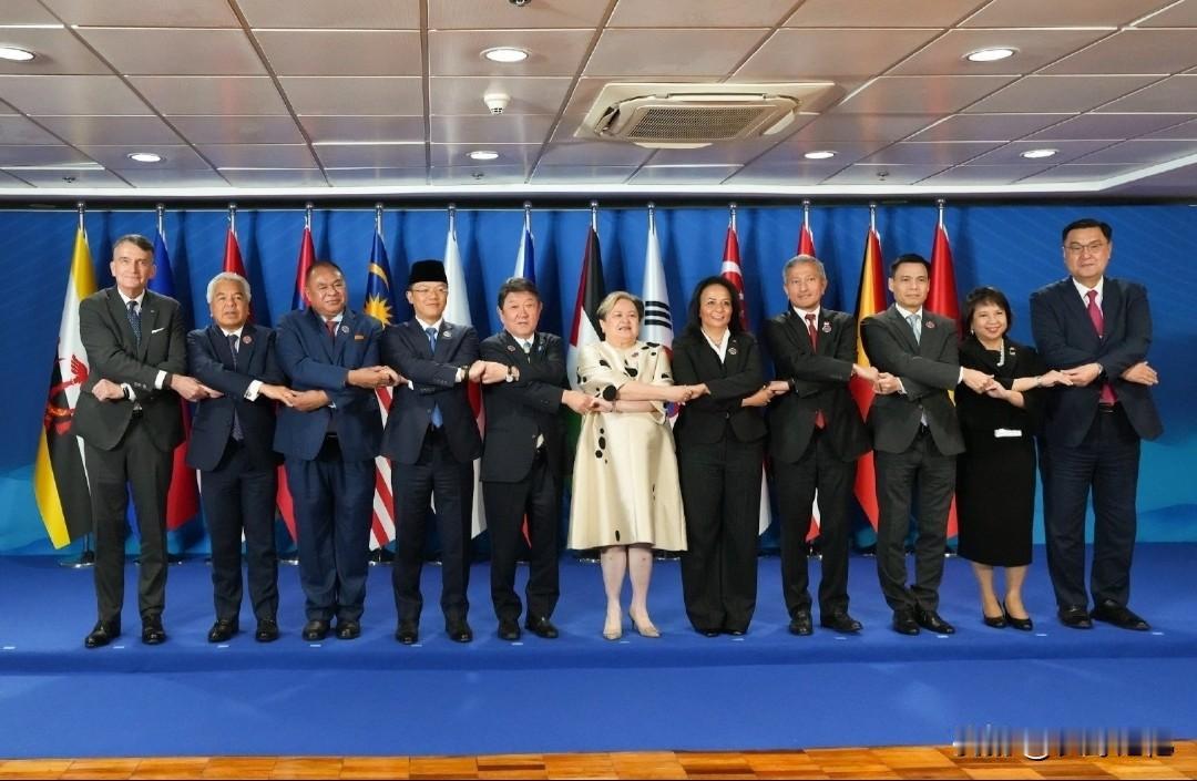 正中间那两位，左边是日本外相茂木敏充‌，右边那个胖女人是菲律宾外长拉扎罗‌，就这