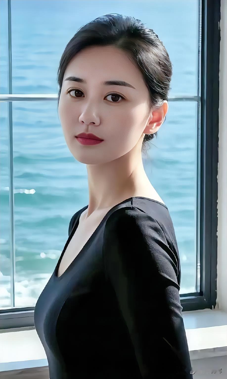 黑发束起，是向内的沉淀，窗框住海，是向外的凝望。暗蓝漫过肩头，温柔却有力