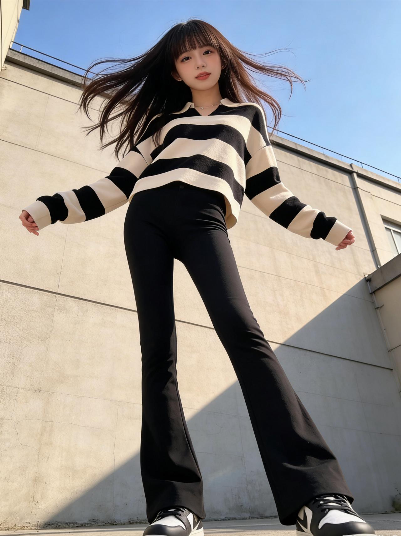 ........今天，我选择了一身轻松自在的搭配：一件青春洋溢的条纹毛衣，经典的