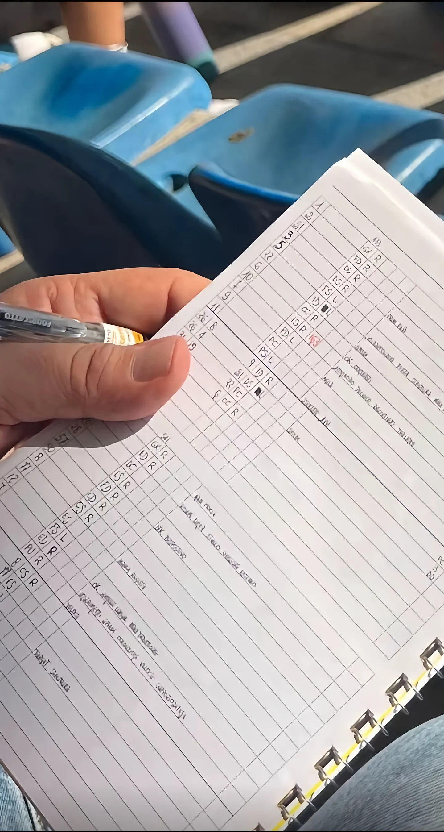 中国足球小将和皇家马德里的比赛中，一名看台上观战的俱乐部球探，记录了两支队伍的球