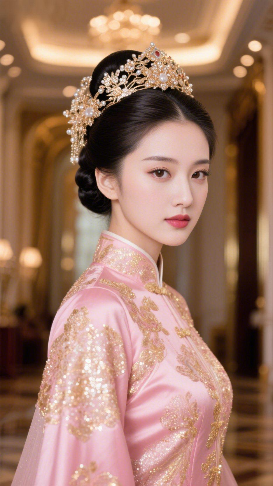 《粉金里的东方韵》淡粉缎面轻覆肩臂，金绣纹样如流萤缀满衣身，像是将拂晓的柔