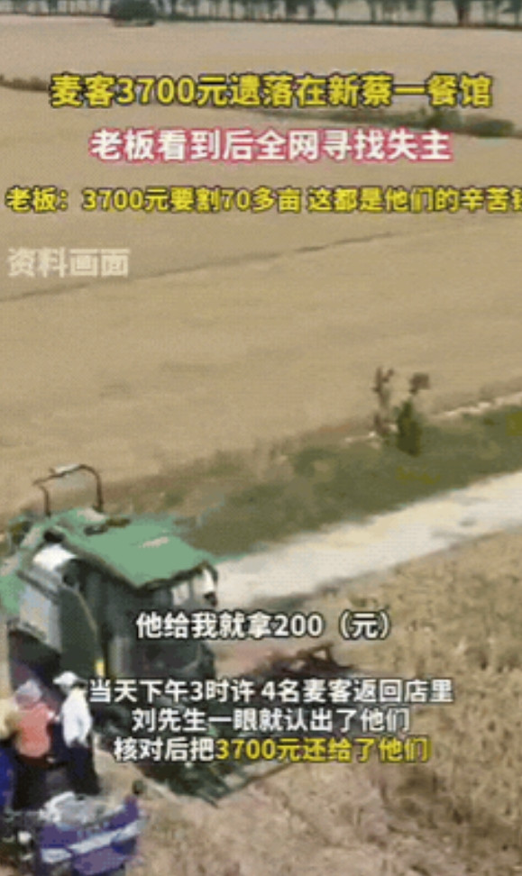 太暖心了！河南新蔡，有4名麦客收割70多亩的麦子，才赚了3700元，没想到，他们