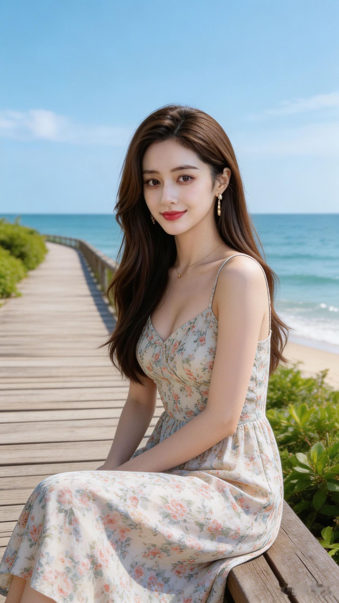 一个漂亮女孩坐在海边的木栈道上。