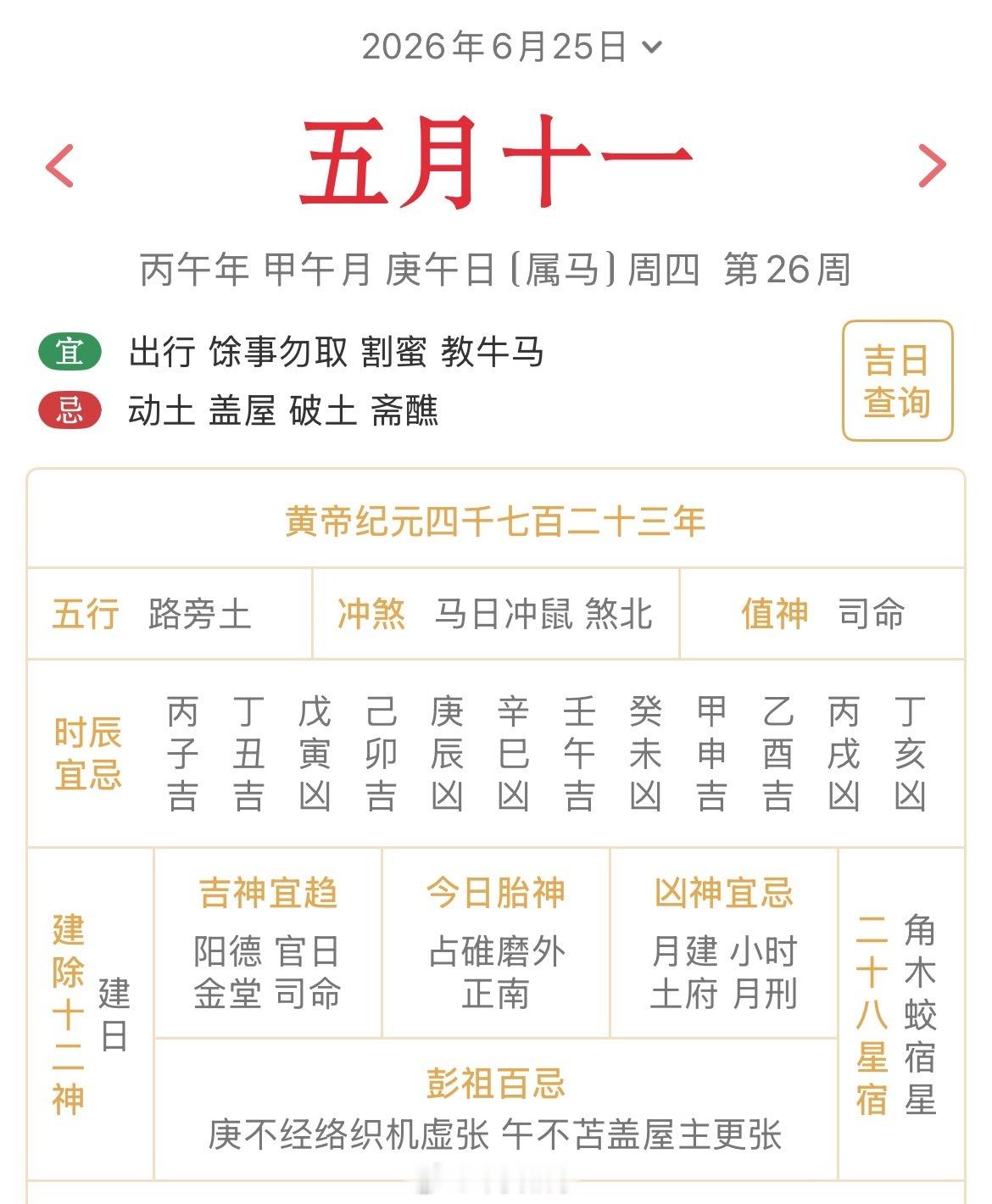 十二生肖每日简运仅供参考2026.6.25丙午年甲午月庚午日庚午天克地冲甲子：