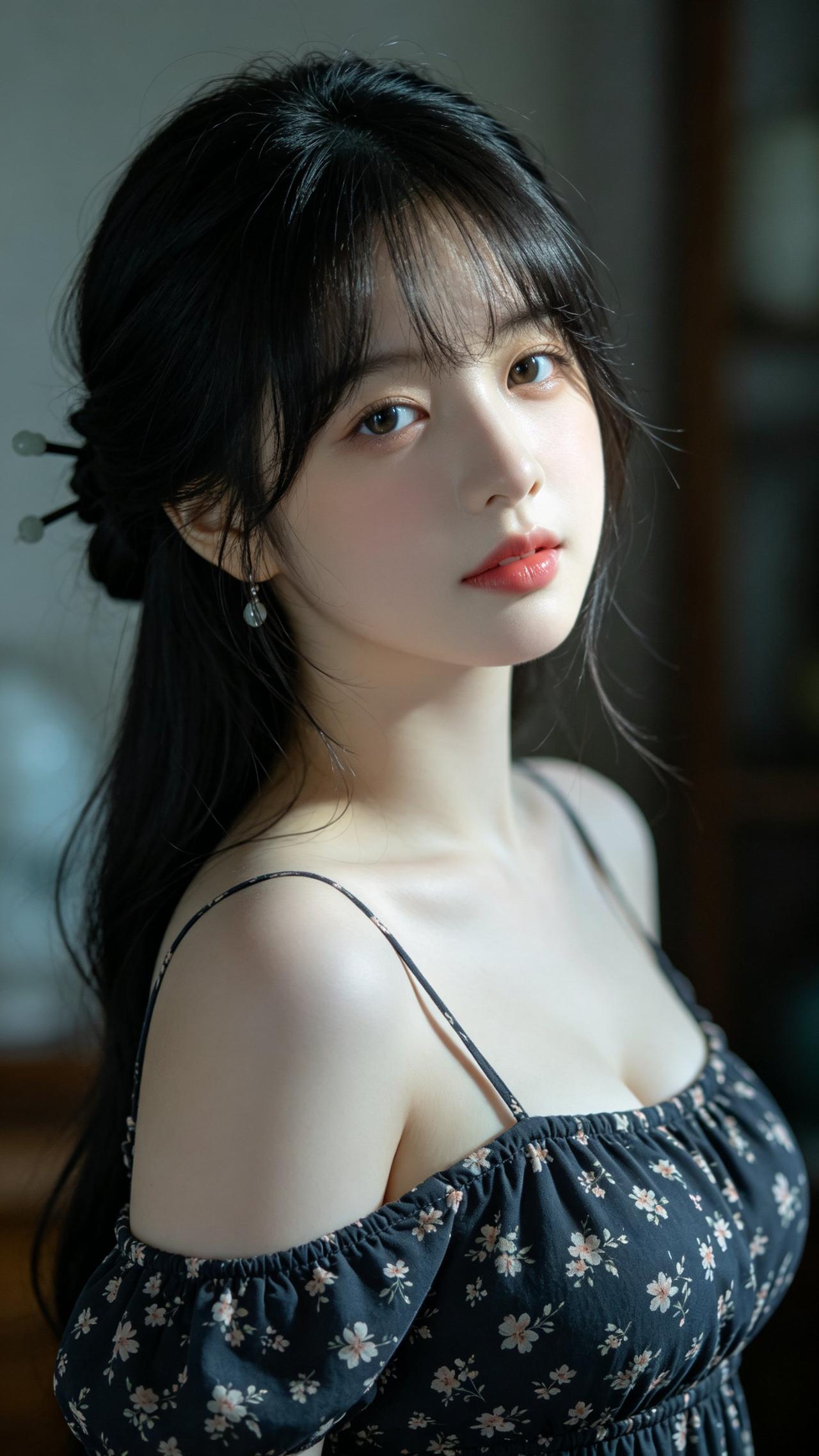 黑发如瀑，花影映人。