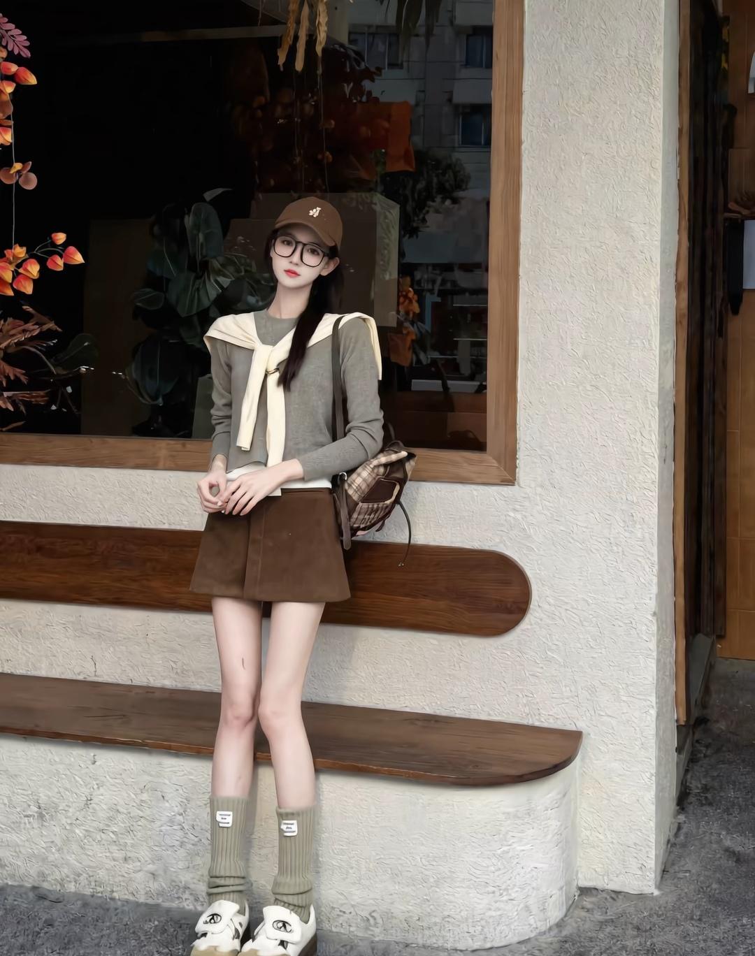 复古学院风穿搭，棕色短裙+灰色毛衣，搭配棕色小包，时尚又减龄！
