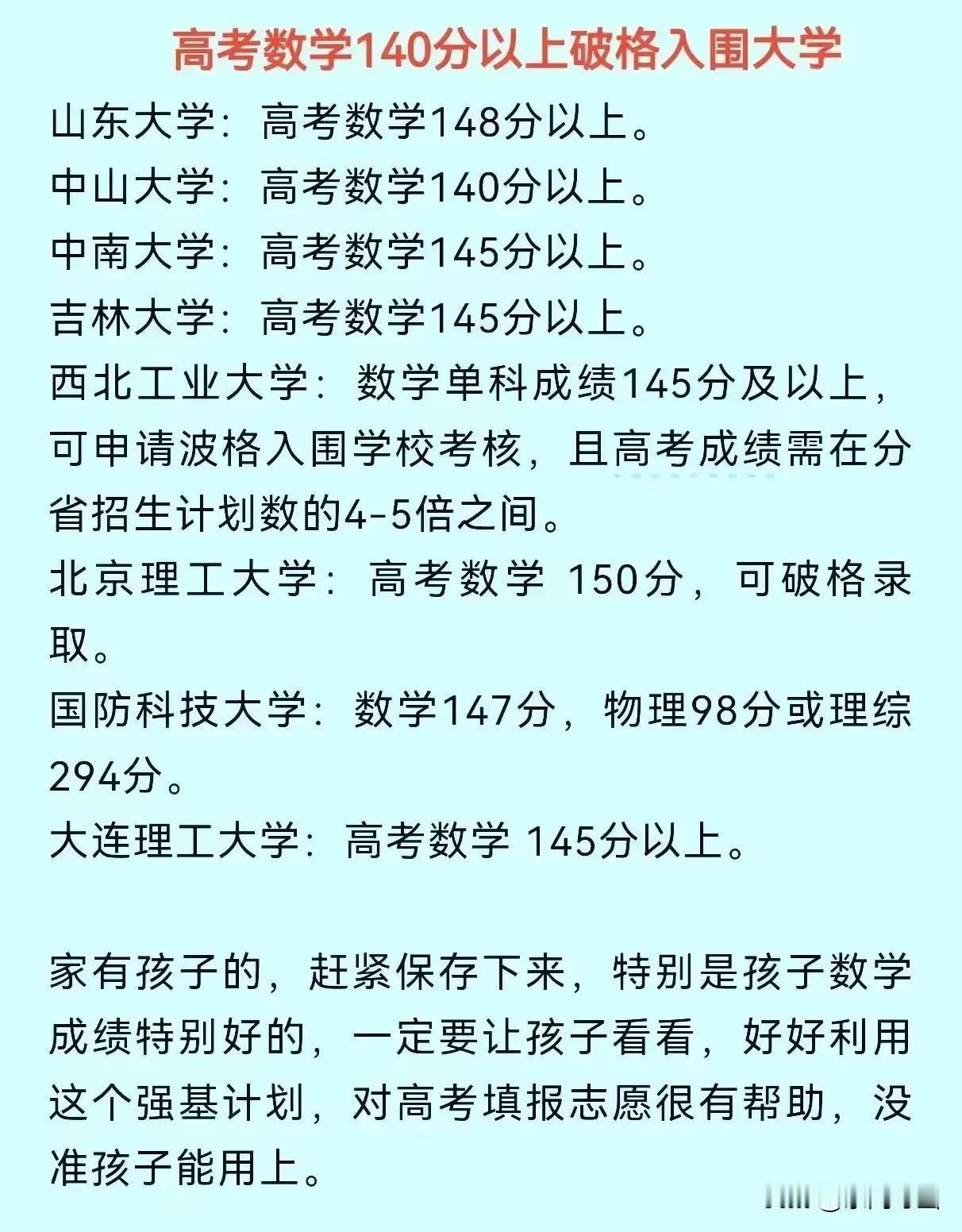 高中2025年已经公布数学成绩只要达到140分以上，便可破格录取的大学。这