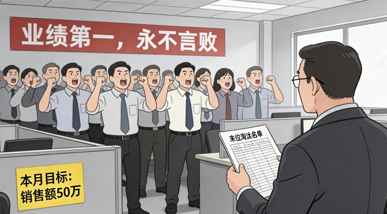 老板从某高管培训班回来，带来一套“狼性文化”——每个人桌上贴个目标，没完成扣钱；